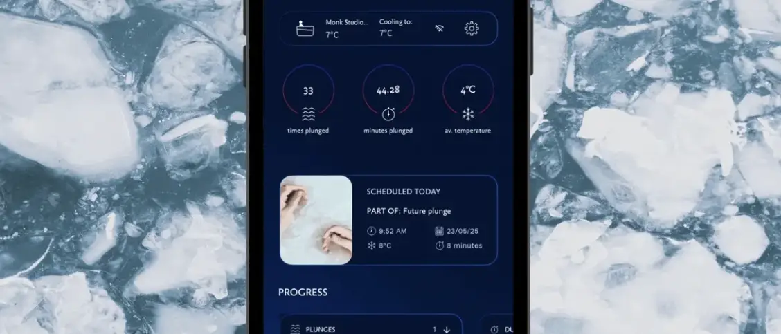 The Monk app on a phone, showing plunge count, minutes and average temperature against a background of ice