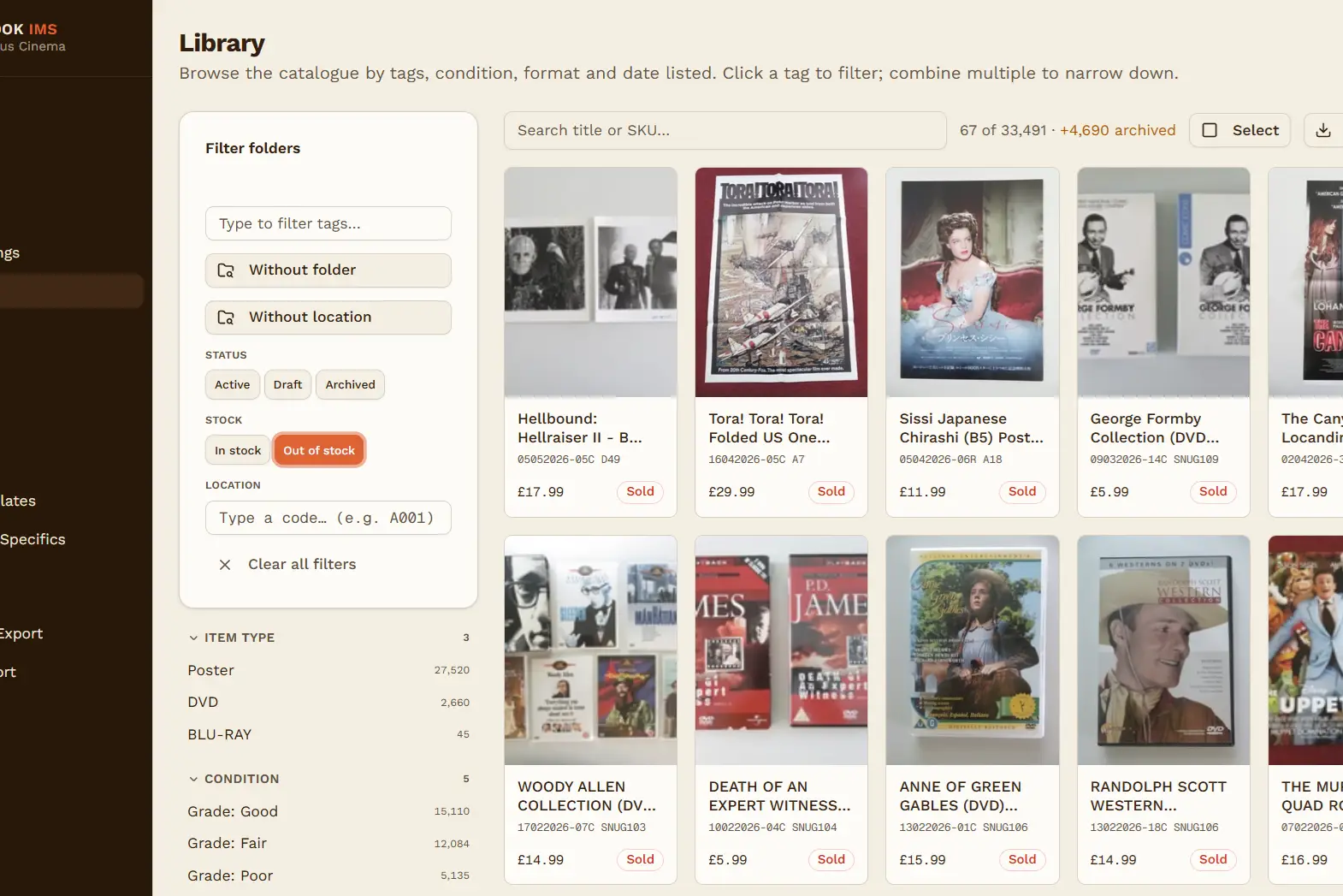 The Overlook library view, browsing Rendezvous Cinema's posters and DVDs by tag, condition and stock