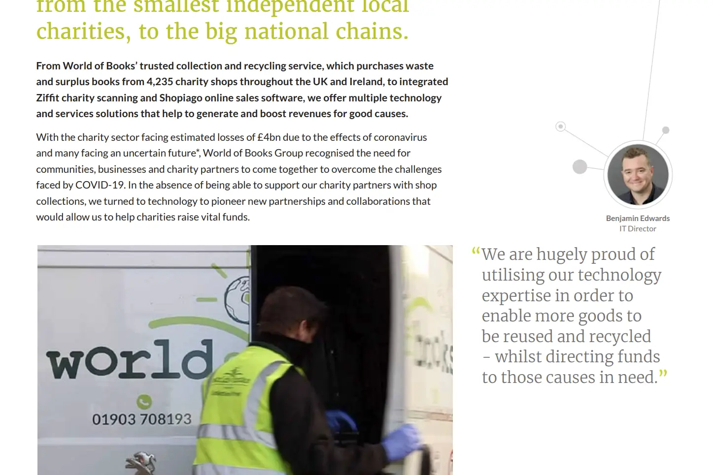 World of Books charity partnerships page, with a collection van being loaded and a quote from Benjamin Edwards as IT Director